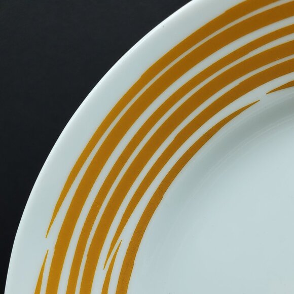Corelle Strokes of Color Brushed Lemon Yellow Luncheon Plates Gold Bands Stripes - Picture 3 of 5